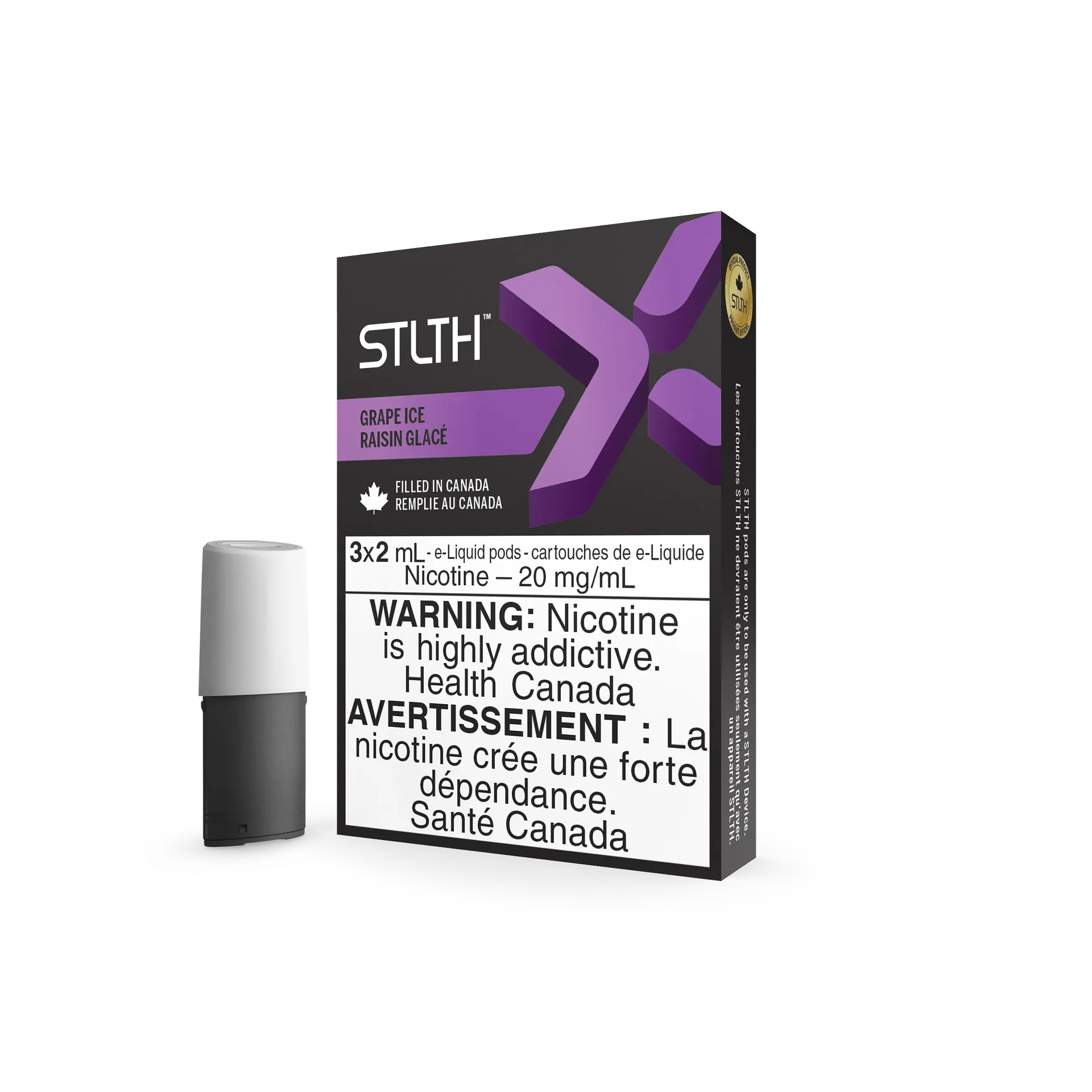 Stlth X Grape Ice vape pods: a dark purple box with a white and gray pod.