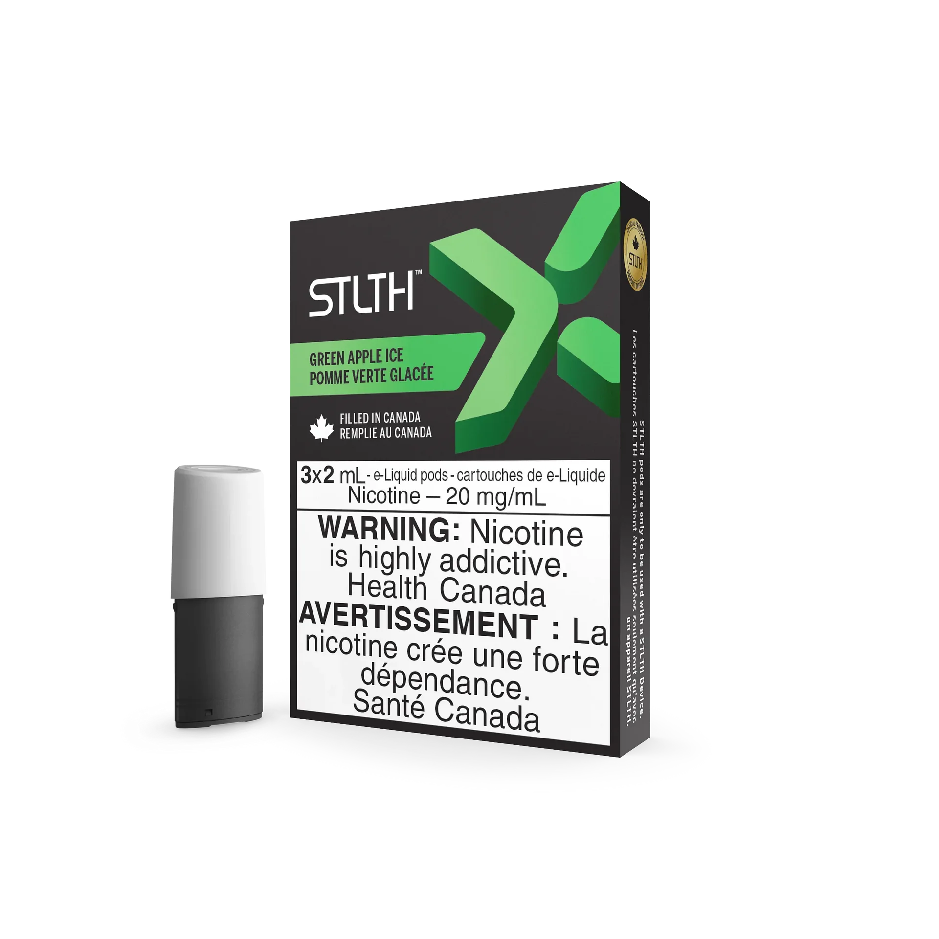 Stlth X Green Apple Ice vape pods, 3-pack, with one black and white pod beside the green and black box.