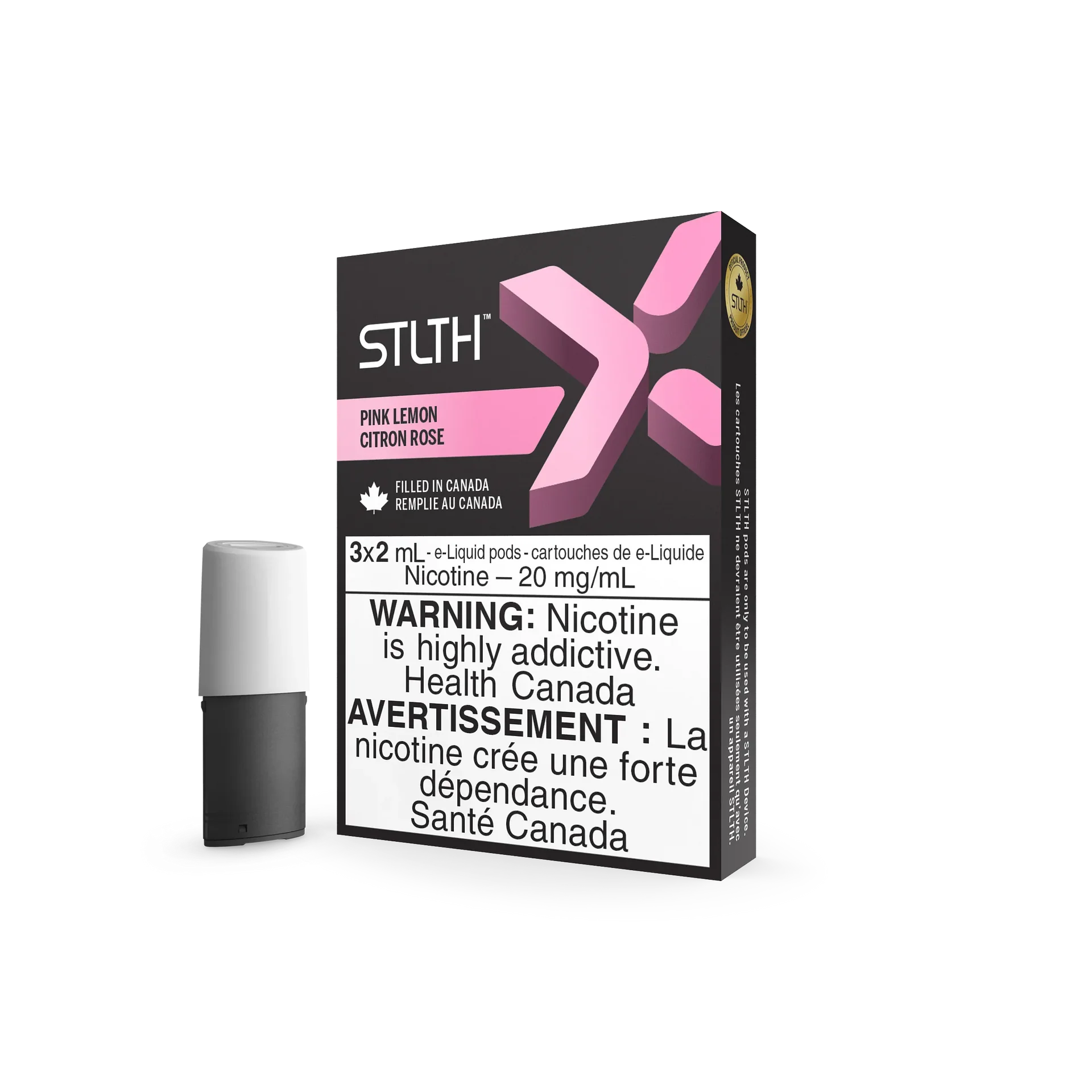 Stlth X Pink Lemon vape pods: a black and white pod next to a pink and black box.