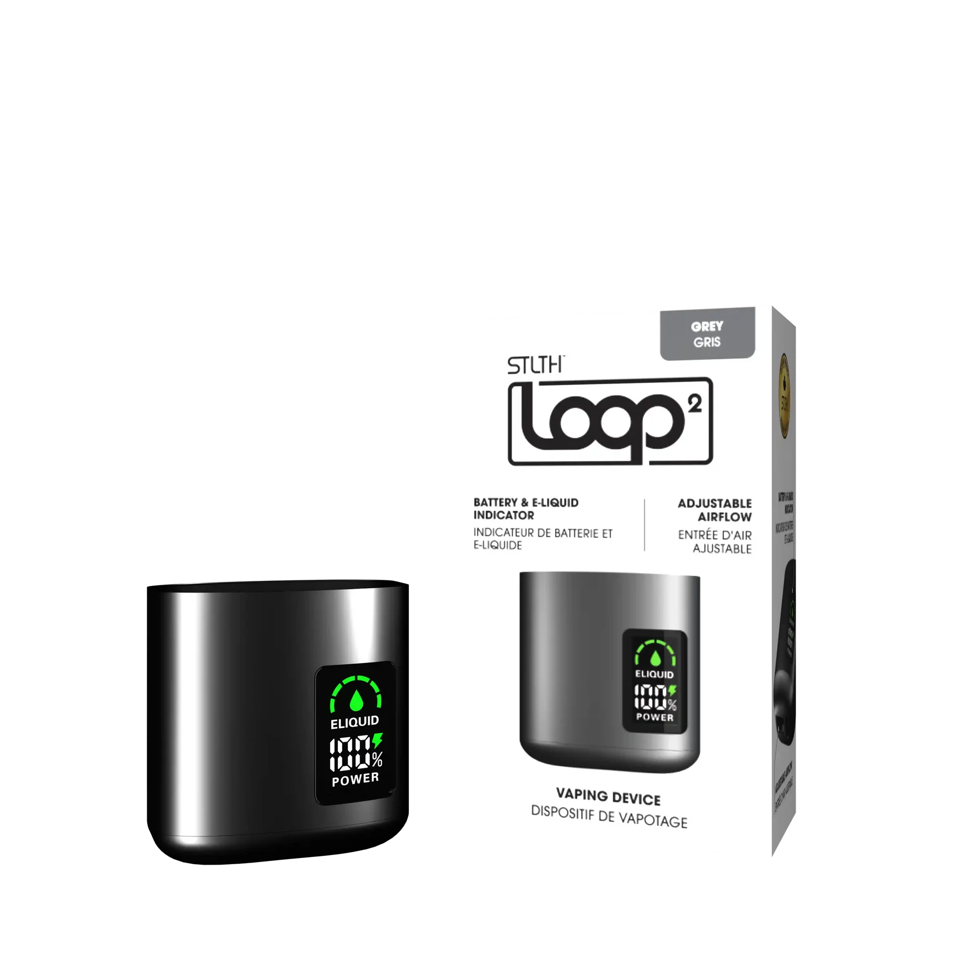 STLTH Loop 2 Device in grey with LED display showing e-liquid and battery levels, next to its product box.