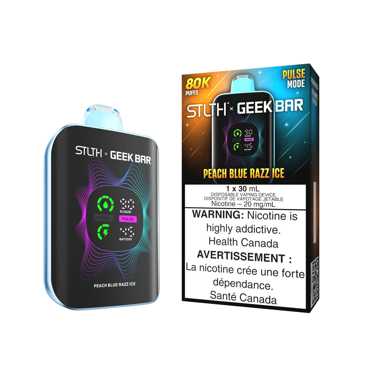 Peach Blue Razz Ice STLTH x Geek Bar 80K disposable vape with package
