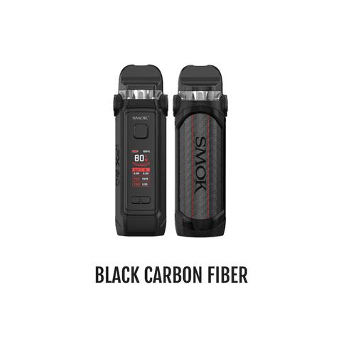 SMOK IPX 80 Kit in black carbon fiber, showing front display and textured back with red stitching.