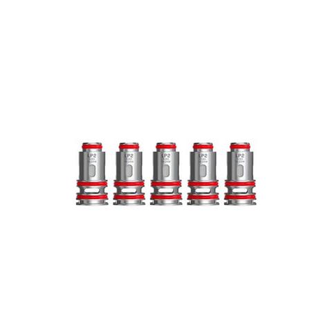 Five silver SMOK LP2 coils with red O-rings, arranged in a row.