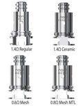 Four silver SMOK Nord Coils: 1.4Ω Regular, 1.4Ω Ceramic, 0.6Ω Mesh, and 0.8Ω Mesh MTL.