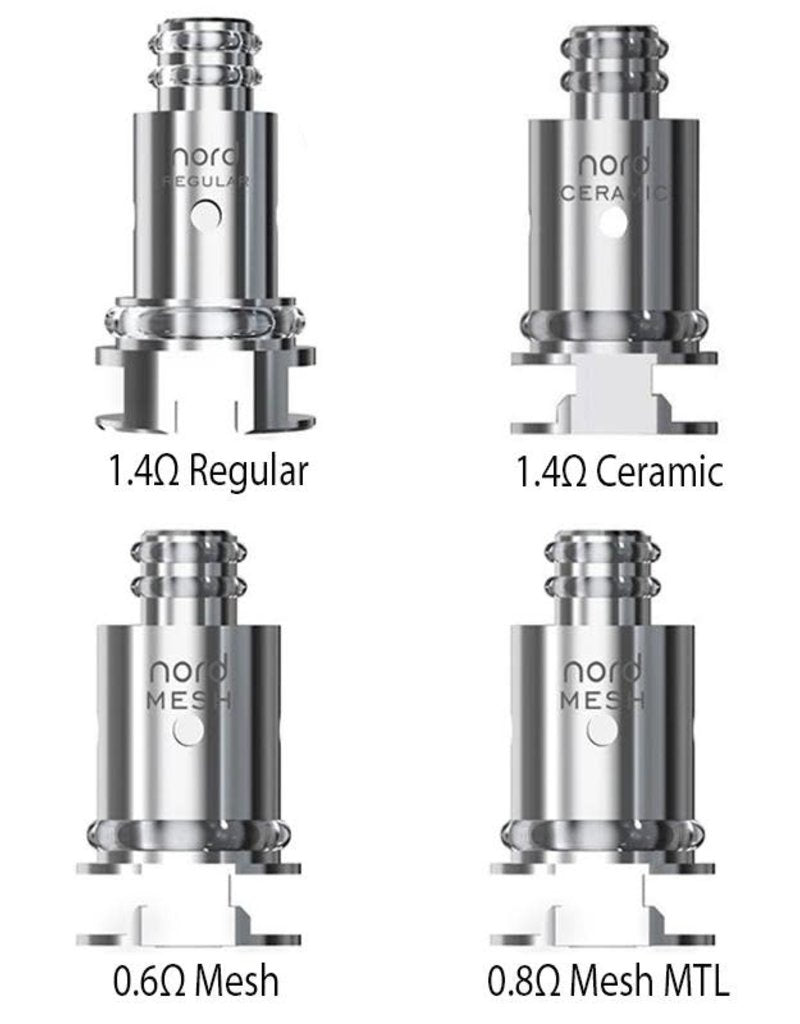Four silver SMOK Nord Coils: 1.4Ω Regular, 1.4Ω Ceramic, 0.6Ω Mesh, and 0.8Ω Mesh MTL.
