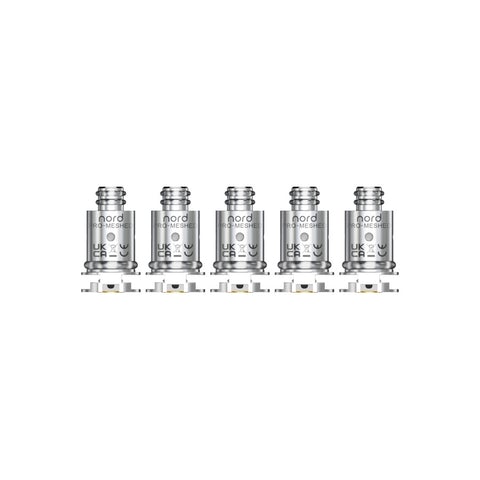 Five silver SMOK Nord Pro-Meshed coils with threaded tops and gold-toned bases.