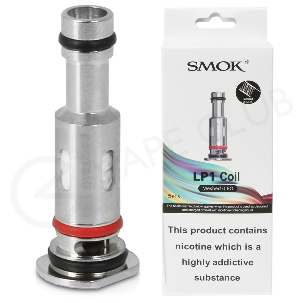 SMOK Novo 4 LP1 Meshed 0.8Ω coil with red O-rings next to its white 5-pack box.