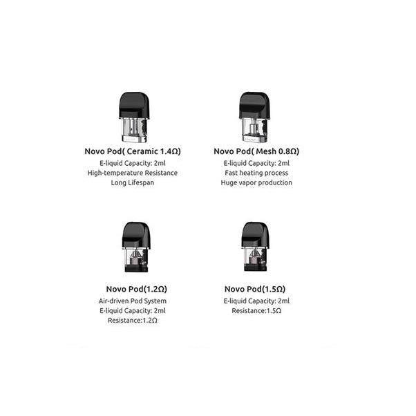 Four SMOK Novo pods: ceramic 1.4Ω, mesh 0.8Ω, 1.2Ω, and 1.5Ω, each with 2ml capacity.
