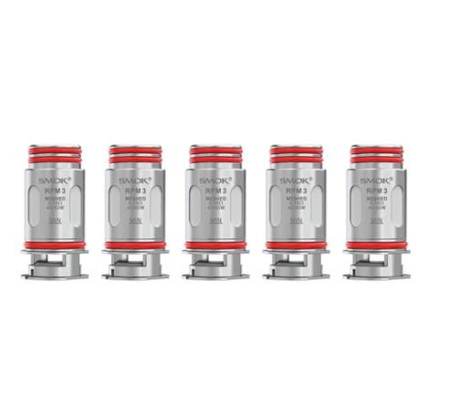 Five silver SMOK RPM 3 meshed coils with red O-rings, arranged in a row.
