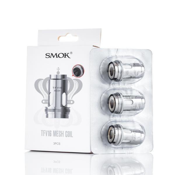 SMOK TFV16 Mesh Coils 3-pack, silver, in white and red packaging.