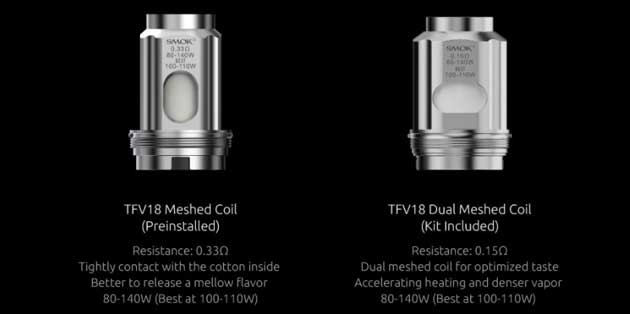 Two silver SMOK TFV18 vape coils, one meshed and one dual meshed, with specifications on a black background.