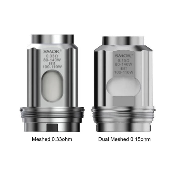 Two silver SMOK TFV18 coils, one Meshed 0.33ohm and one Dual Meshed 0.15ohm, with wattage details.
