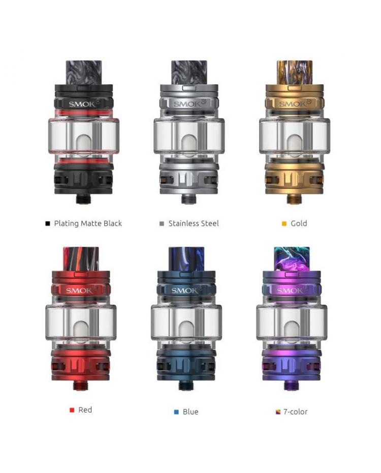 Six SMOK TFV18 Tanks in Plating Matte Black, Stainless Steel, Gold, Red, Blue, and 7-color finishes.