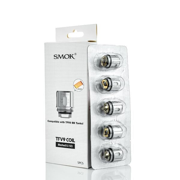 SMOK TFV9 Meshed 0.15Ω coils, 5-pack in blister packaging, compatible with TFV8 BB Tanks.