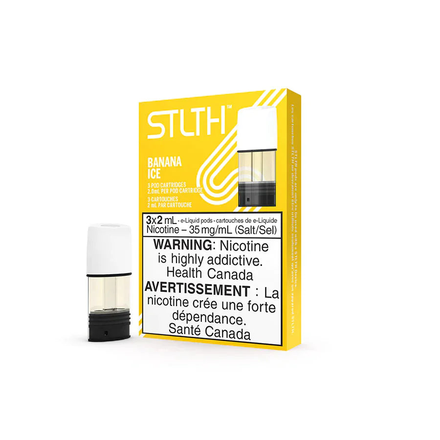 STLTH Banana Ice vape pod package with a single white and clear pod next to it.