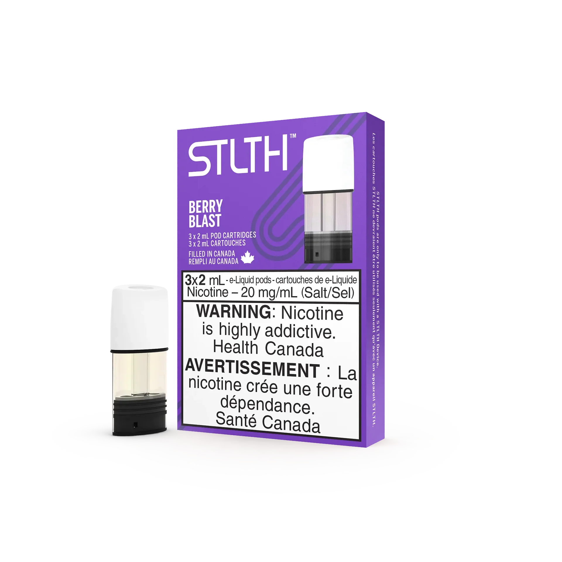 Stlth Berry Blast vape pods, purple and white packaging with two clear pods, 20mg nicotine.