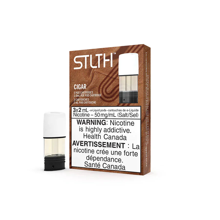 STLTH Cigar 2% vape pods, 3-pack, with a single pod next to the brown and white box.
