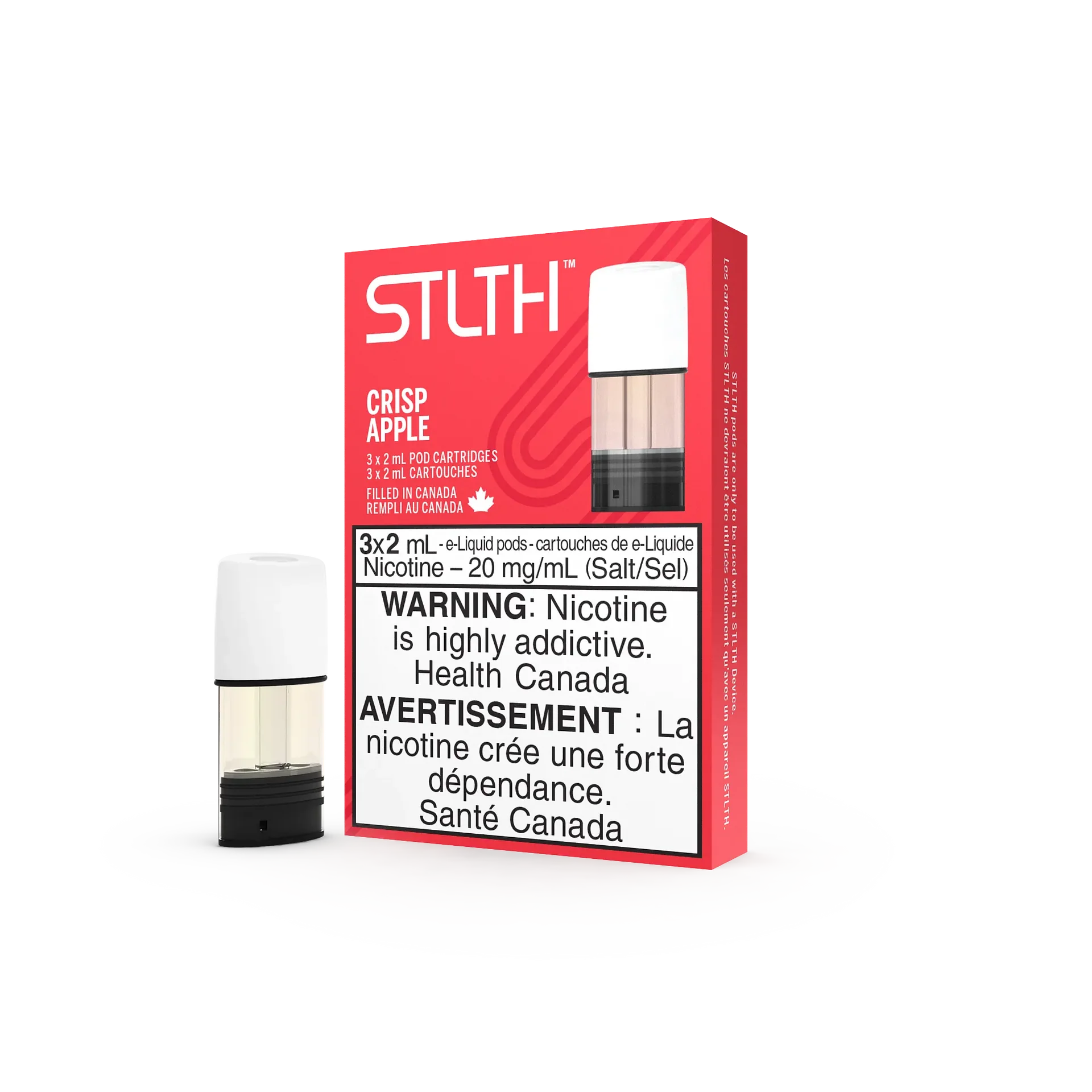 Stlth Crisp Apple vape pod pack with three 2mL clear pods, red and white packaging.