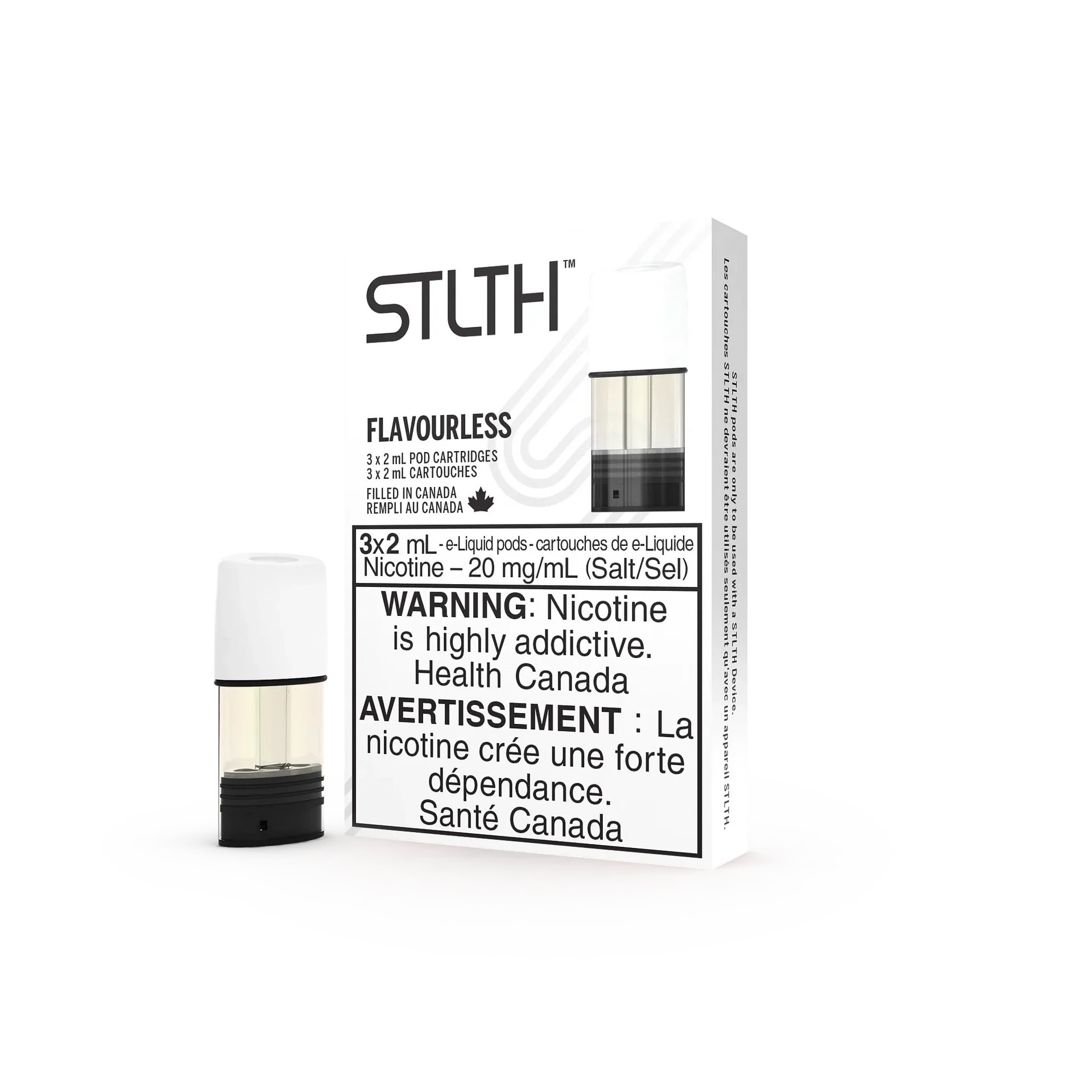 Stlth Flavourless vape pods, 3x2mL, 20mg/mL, with one clear pod showing e-liquid next to the white box.