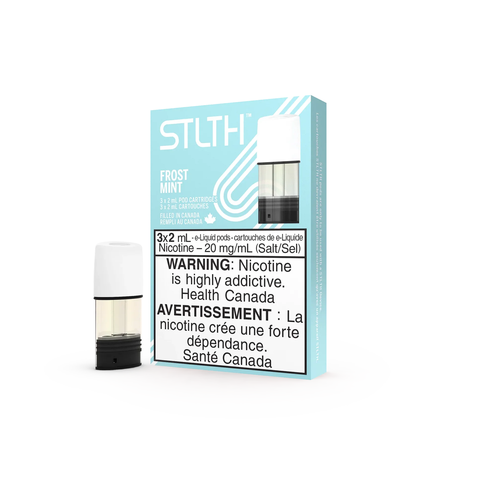 Stlth Frost Mint vape pods, 3x2mL, 20mg/mL nicotine, with a light blue and white box.
