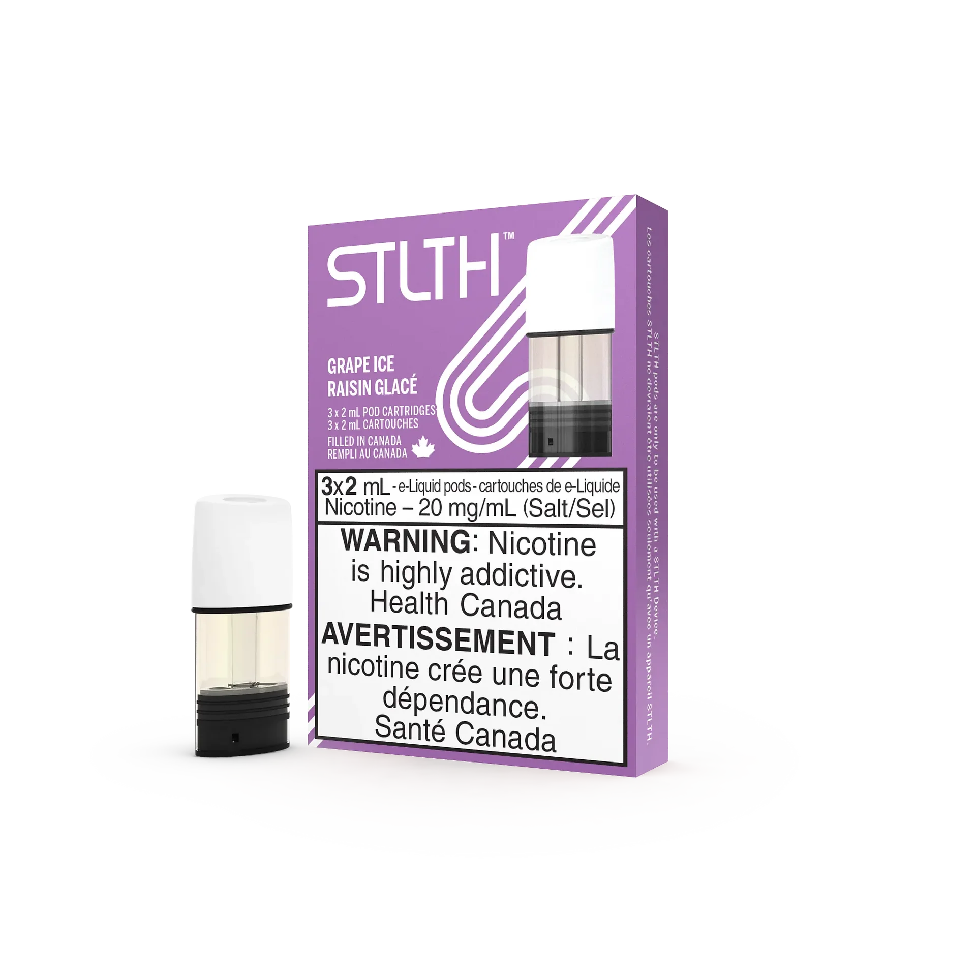 Stlth Grape Ice 2% vape pods, purple box with 3 cartridges, one clear pod visible.