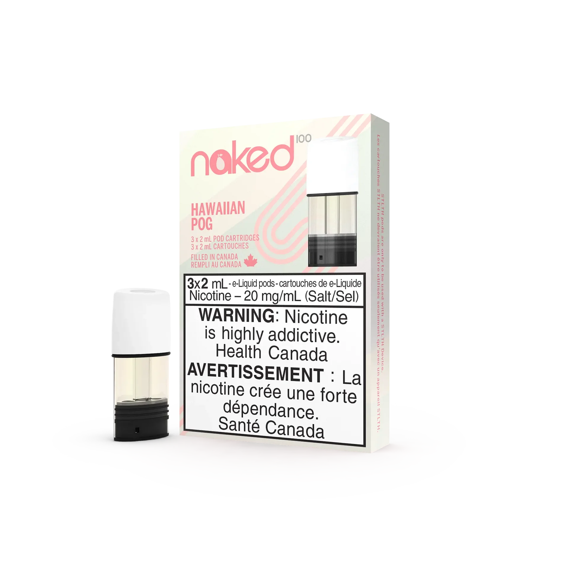 Naked 100 Hawaiian Pog Stlth vape pods, 3-pack, 20mg nicotine, with a single clear pod.