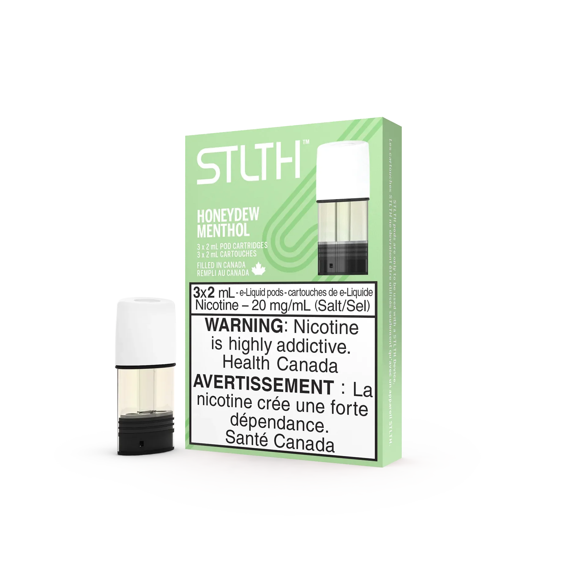 Stlth Honeydew Menthol vape pods, 3-pack, 20mg nicotine, with a single pod beside the green and white box.