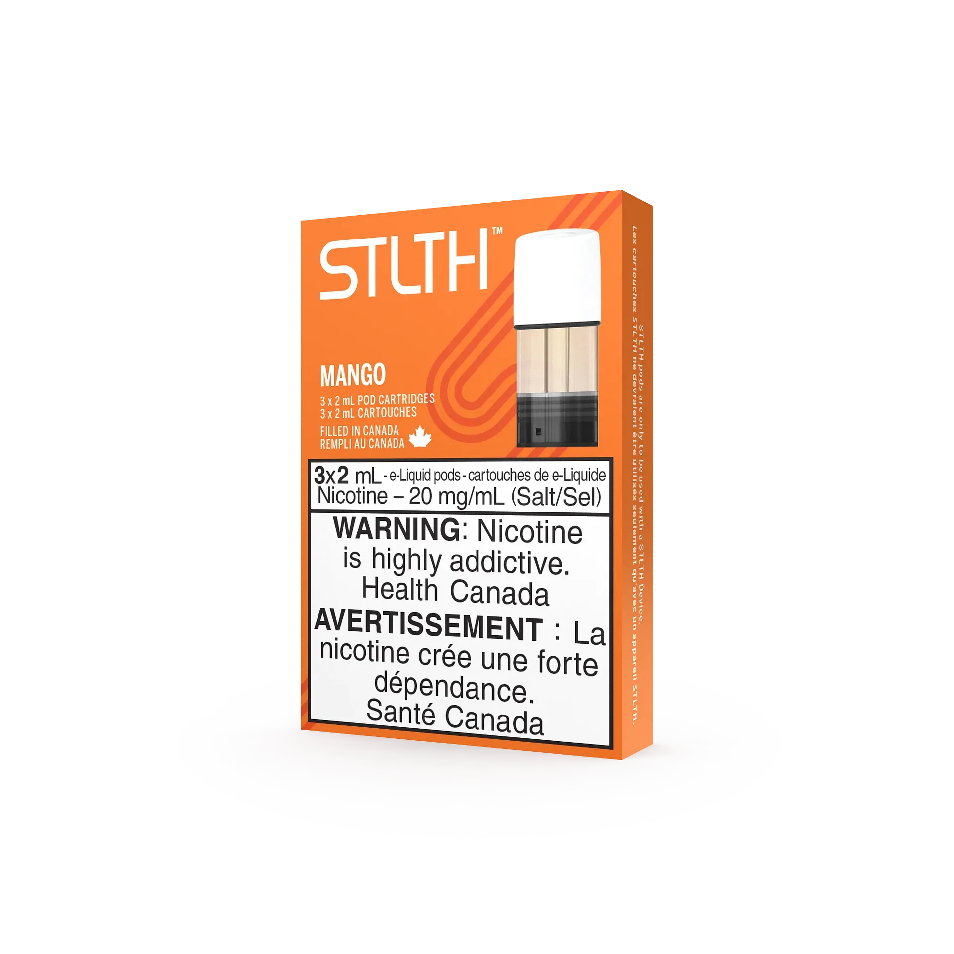 Orange Stlth Mango vape pod package with 3x2mL cartridges, 20mg/mL nicotine warning.