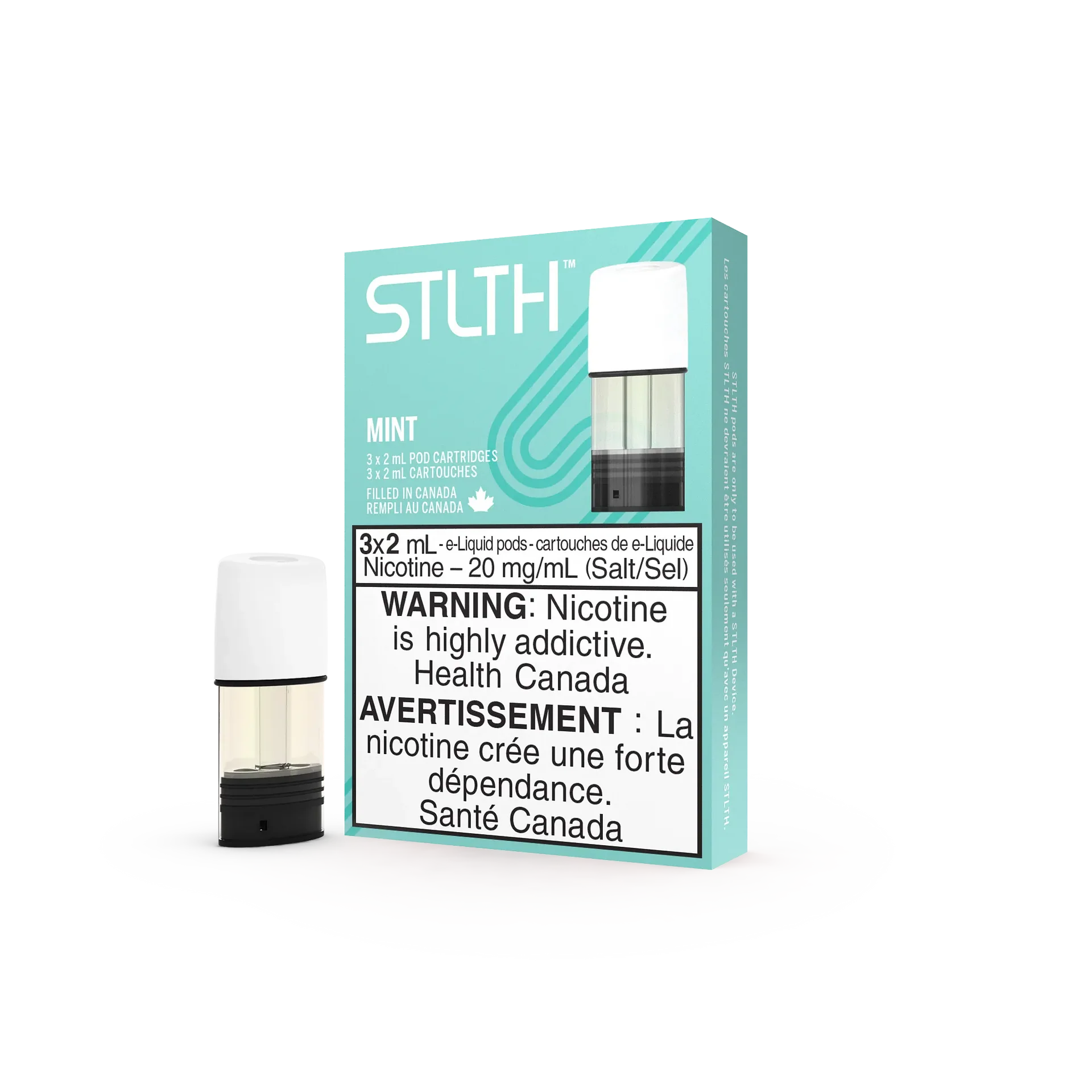 Stlth Mint (PROVINCIAL) vape pods, 3x2mL cartridges in a white and mint green box, with one pod detached.