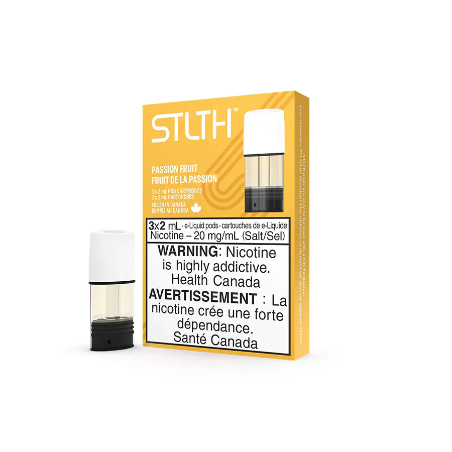 Stlth Passionfruit Provincial 3x2mL pod pack with one pod detached, showing clear e-liquid and white top.