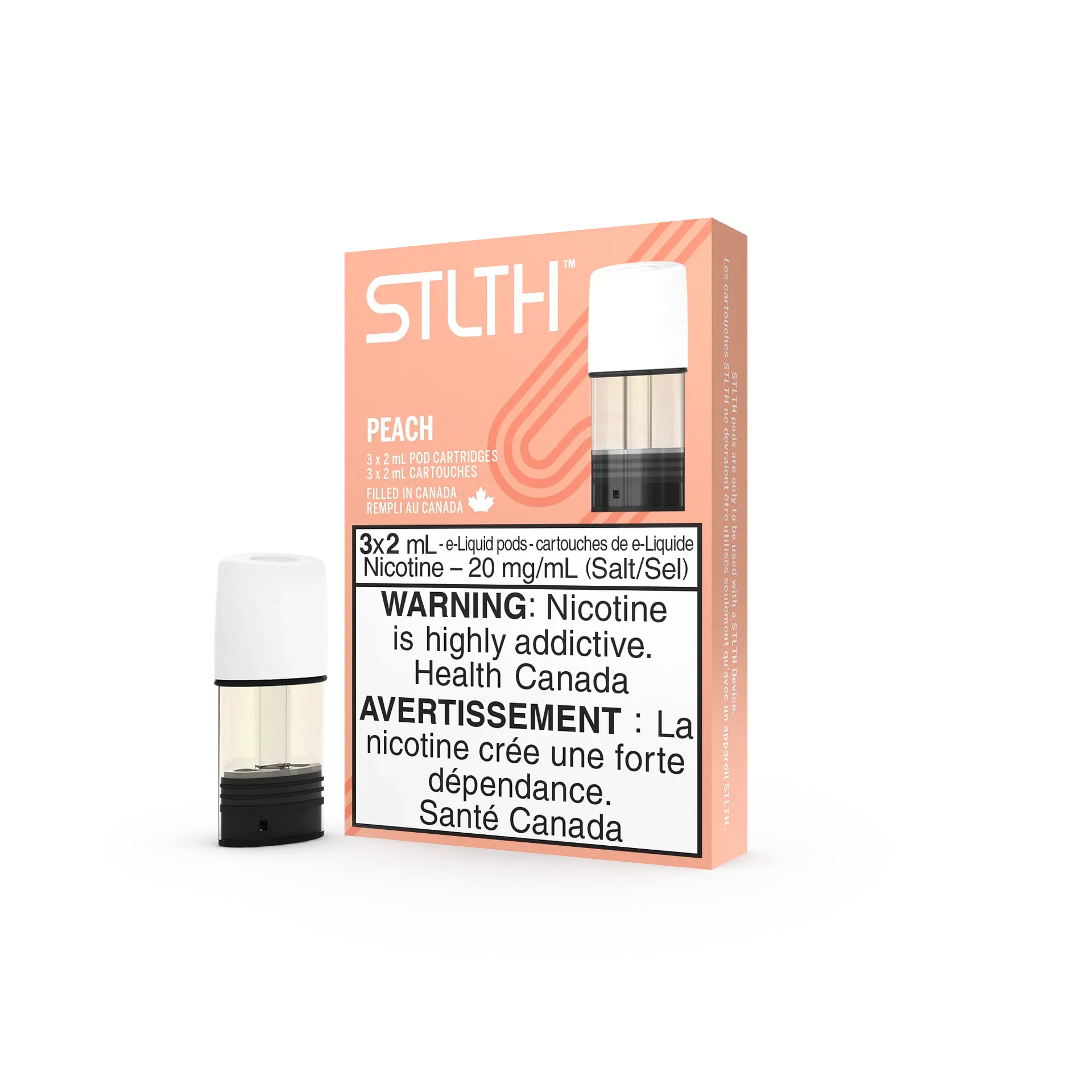 Stlth Peach vape pods, 3-pack, 20mg nicotine, with one pod detached.