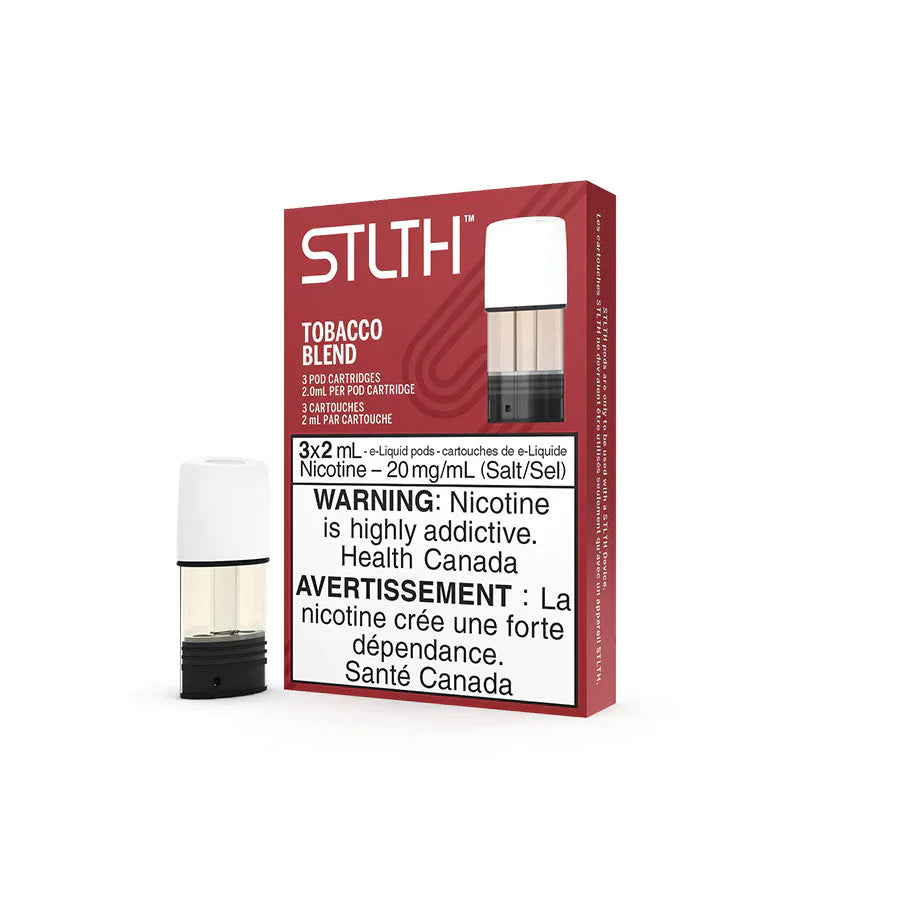 STLTH Tobacco Blend vape pods, 3-pack, 20mg/mL nicotine, with one pod shown beside the red and white box.