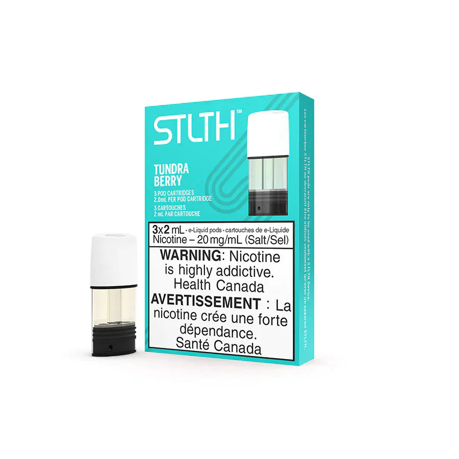 Stlth Tundra Berry 3-pack e-liquid pods, 20mg/mL, with a teal and white box.