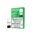Stlth Watermelon Mint vape pod pack with three 2mL clear pods, green and white packaging.