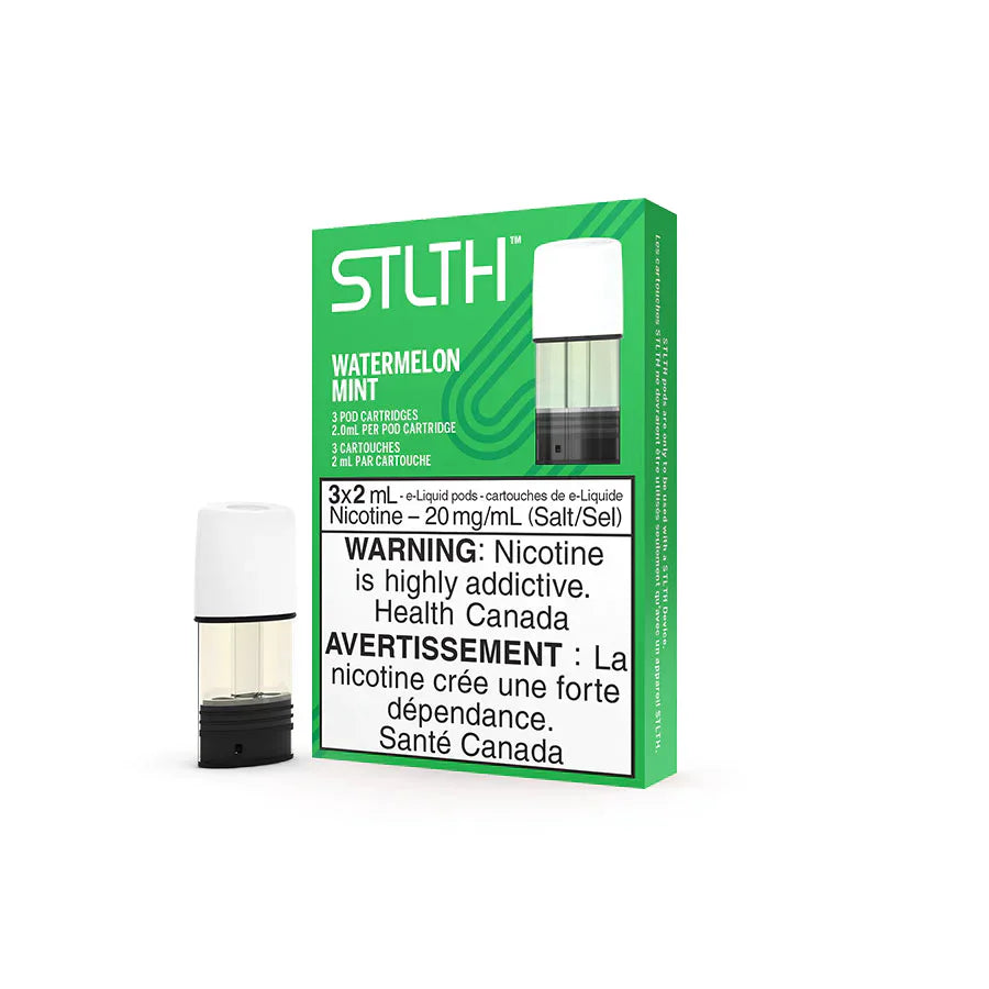 Stlth Watermelon Mint vape pod pack with three 2mL clear pods, green and white packaging.