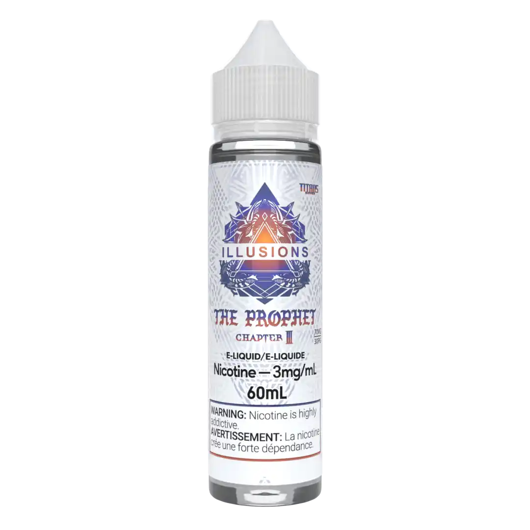 Illusions Vapor Prophet 60ml e-liquid bottle with white cap and label featuring purple and orange geometric design.