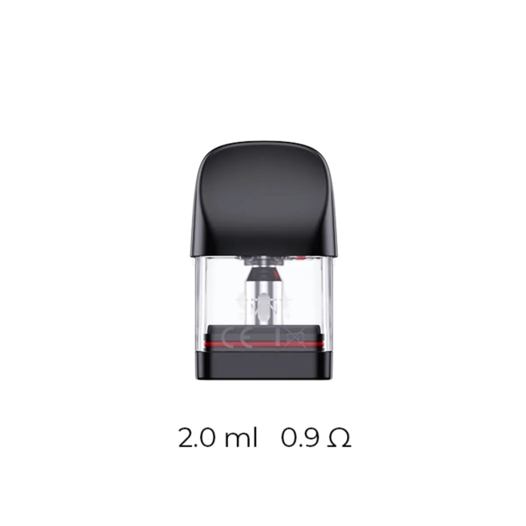 Uwell Caliburn G3 replacement pod with black top, clear tank, and red base accents, 2.0ml, 0.9Ω.