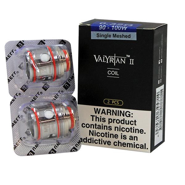 Uwell Valyrian 2 replacement coils, two silver and red coils in blister packs next to a black box.