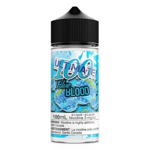 Ultimate 100 Blue Blood e-liquid bottle with blue raspberry slushy graphic.