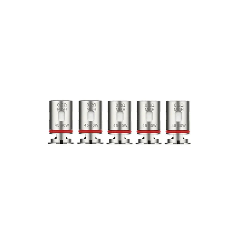 Five silver Vaporesso GTX 0.2Ω Mesh replacement coils with red wattage markings.