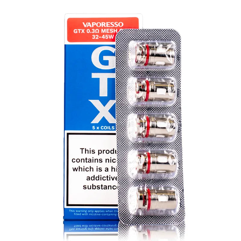 Vaporesso GTX 0.3Ω Mesh replacement coils, 5-pack, in blister packaging next to blue and red box.