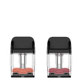 Two Vaporesso XROS replacement pods with black tops and clear reservoirs, one with orange liquid, the other with red.