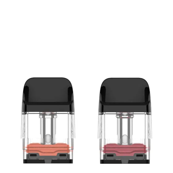 Two Vaporesso XROS replacement pods with black tops and clear reservoirs, one with orange liquid, the other with red.