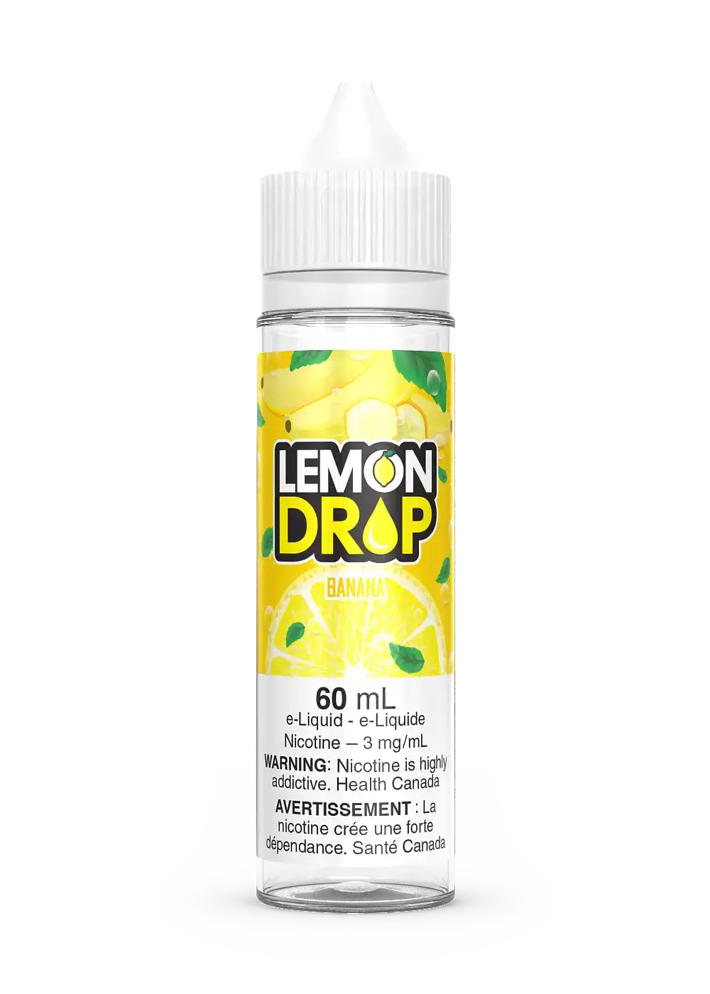 60mL Lemon Drop Banana e-liquid bottle with yellow label featuring sliced bananas and citrus, white cap.