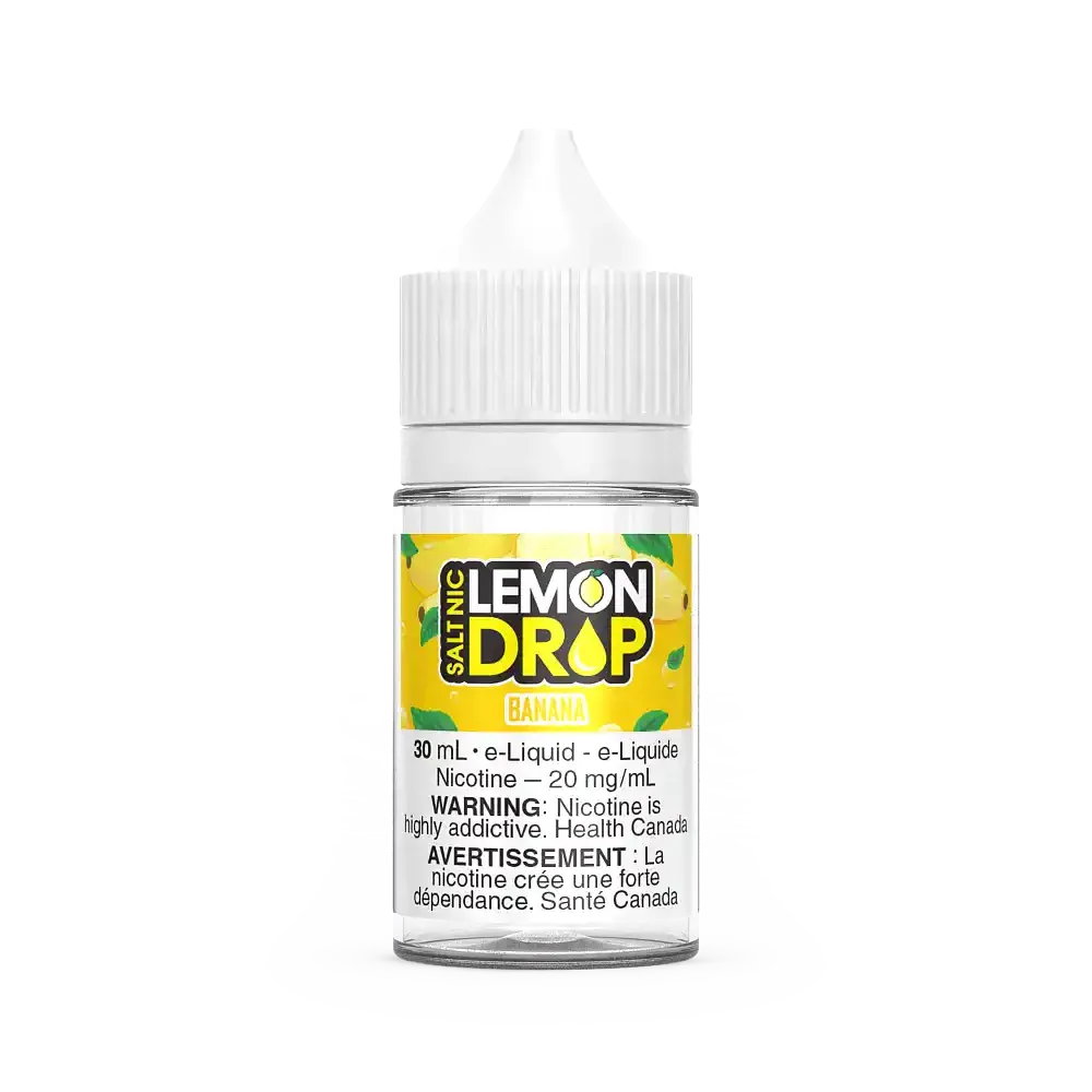 Lemon Drop Salt Banana e-liquid, 30mL clear bottle with white cap and yellow banana label.