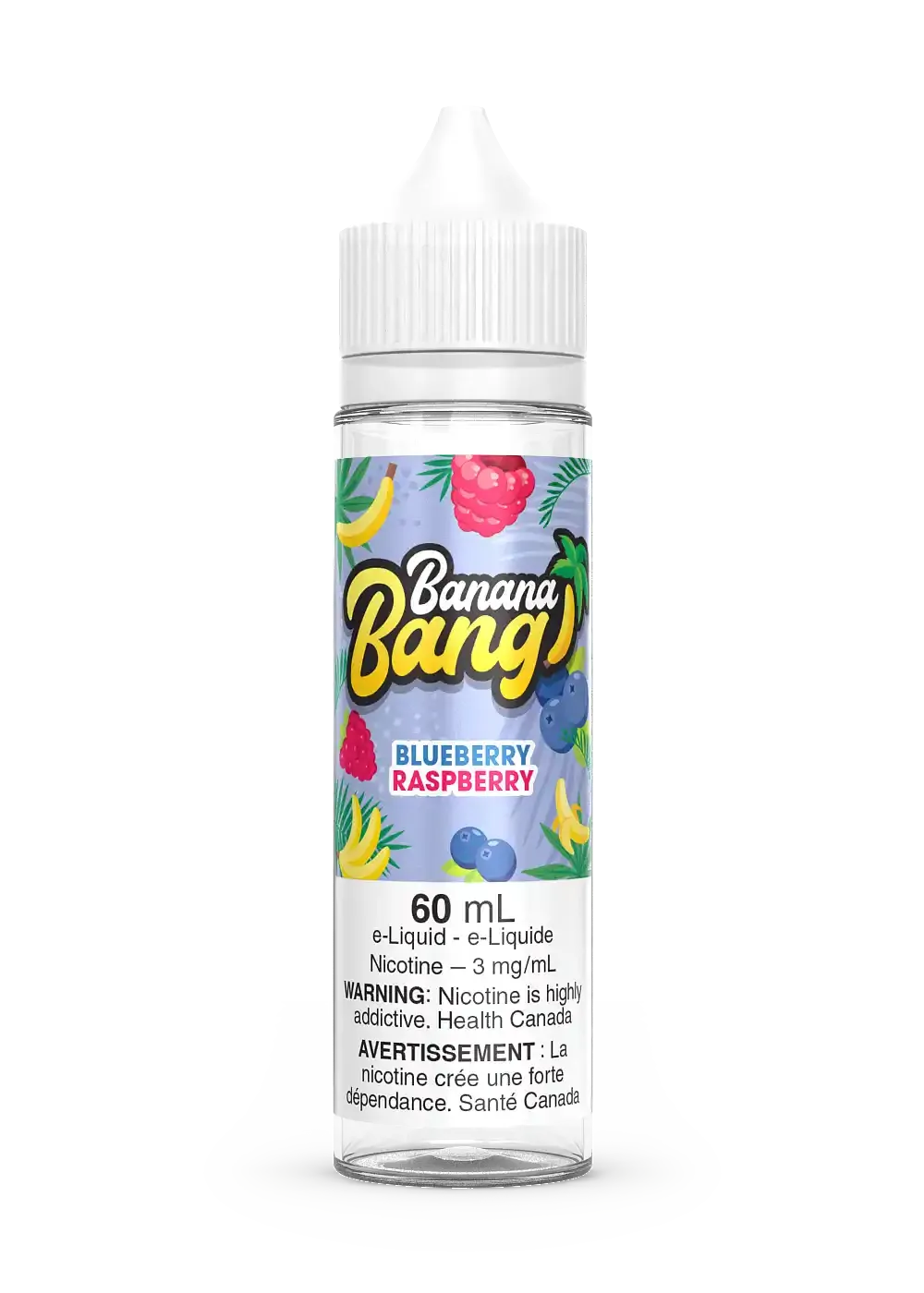 Banana Bang Blueberry Raspberry 60mL e-liquid bottle with fruit label and white cap.