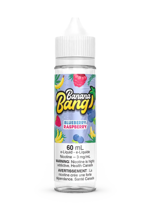 Banana Bang Blueberry Raspberry 60mL e-liquid bottle with fruit label and white cap.