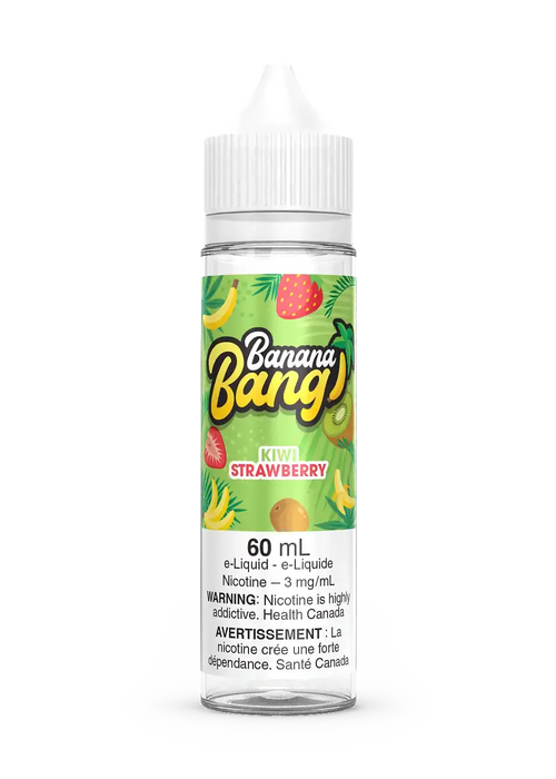 Banana Bang Kiwi Strawberry 60mL e-liquid bottle with green tropical fruit label.