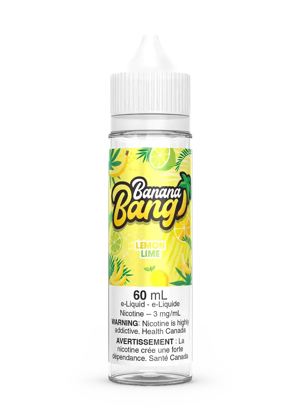 Banana Bang Lemon Lime 60mL e-liquid bottle with a white cap and tropical fruit label.