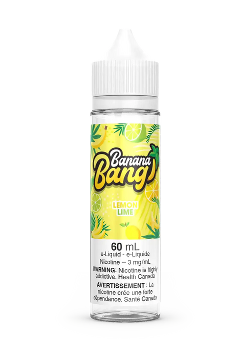 Banana Bang Lemon Lime 60mL e-liquid bottle with a white cap and tropical fruit label.